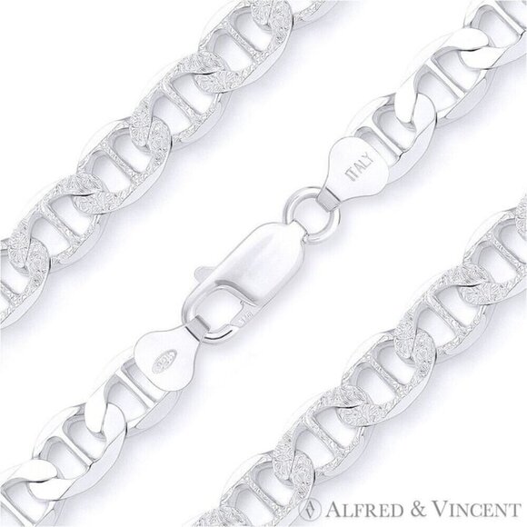 8mm Marina / Mariner Pave Link Chain Necklace in .925 Sterling Silver - 30"